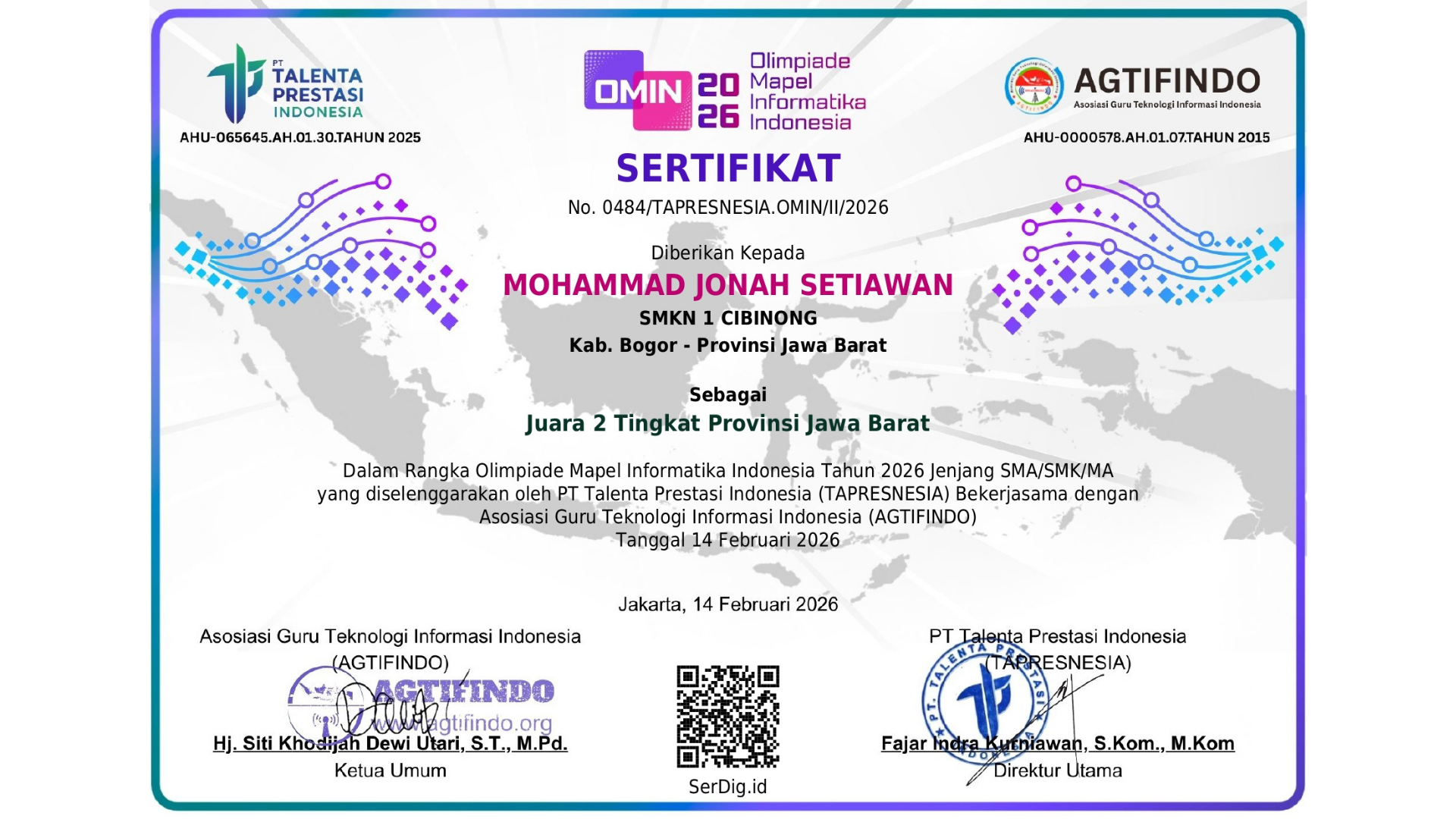 Juara 2 Provinsi Jawa Barat — Olimpiade Informatika 2026 certificate